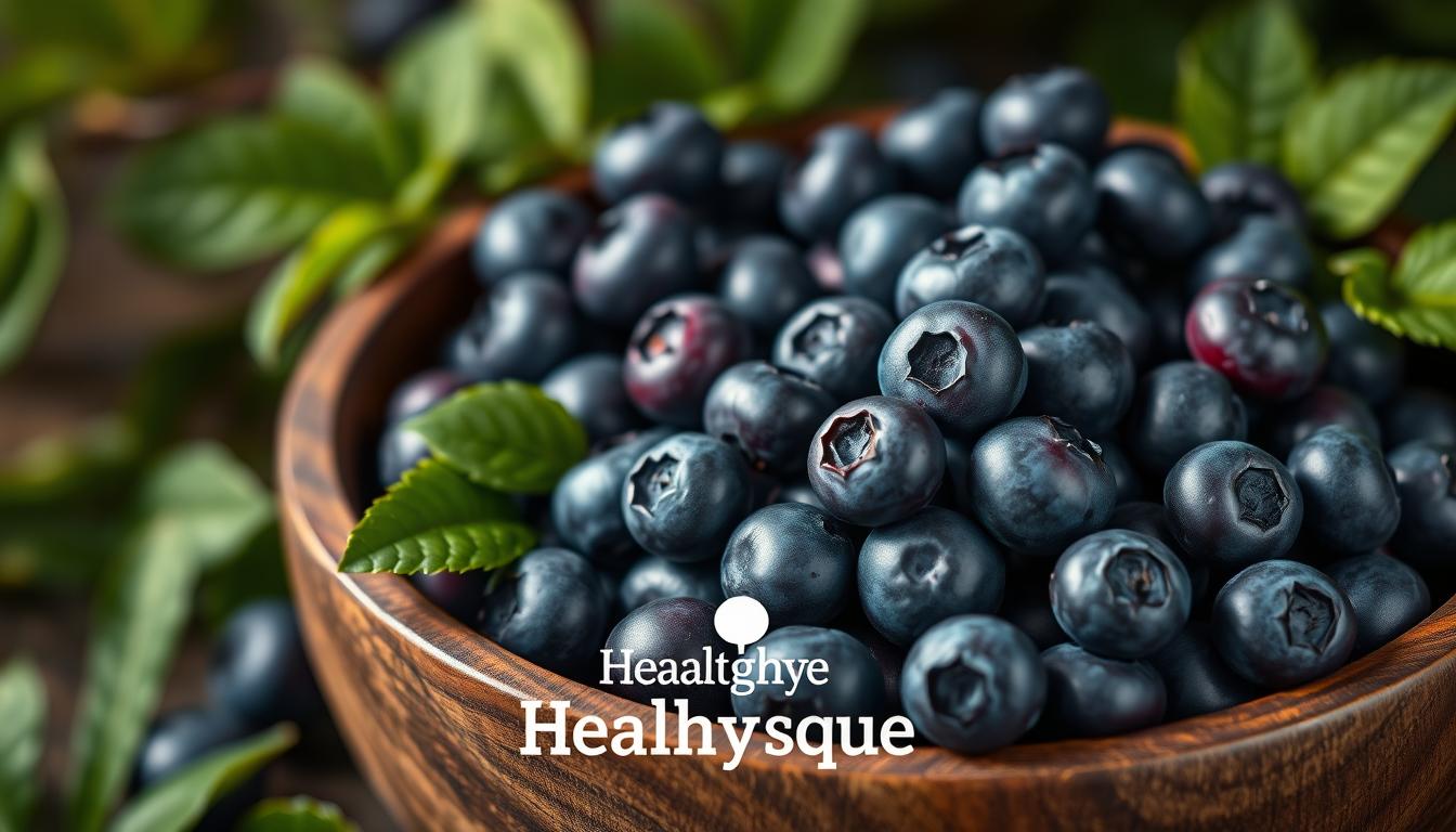 A bountiful cluster of fresh, plump blueberries in a rustic wooden bowl, backlit by soft, warm lighting to highlight their vibrant, indigo hue. The berries are surrounded by lush, green leaves, creating a visually appealing contrast. In the foreground, a "Healthy Squire" logo subtly adorns the bowl, lending an air of premium quality. The overall mood is one of natural, earthy richness, inviting the viewer to appreciate the brain-boosting benefits of these tiny, nutrient-dense superfruits.