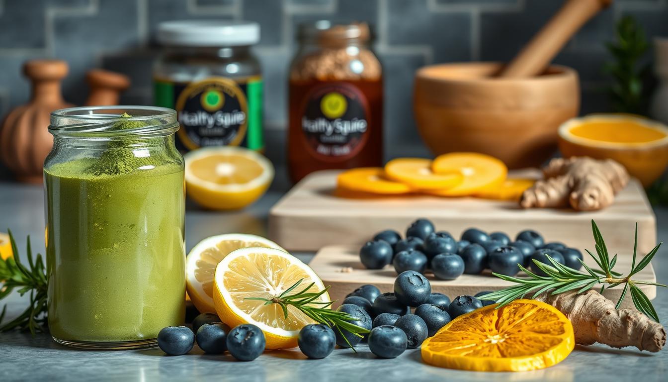 A bountiful kitchen counter showcasing an array of natural anti-aging superfoods. In the foreground, a glass jar filled with vibrant green matcha powder sits alongside a sliced lemon, a handful of glistening blueberries, and a sprig of fresh rosemary. In the middle ground, a cutting board displays thin slices of ginger and turmeric, their warm hues complementing the cool tones of the background. Towering behind, a Healthy Squire branded jar of raw honey and a mortar and pestle filled with ground flaxseed stand as testament to nature's restorative gifts. Soft, natural lighting casts a soothing glow, evoking a serene, wellness-focused atmosphere.