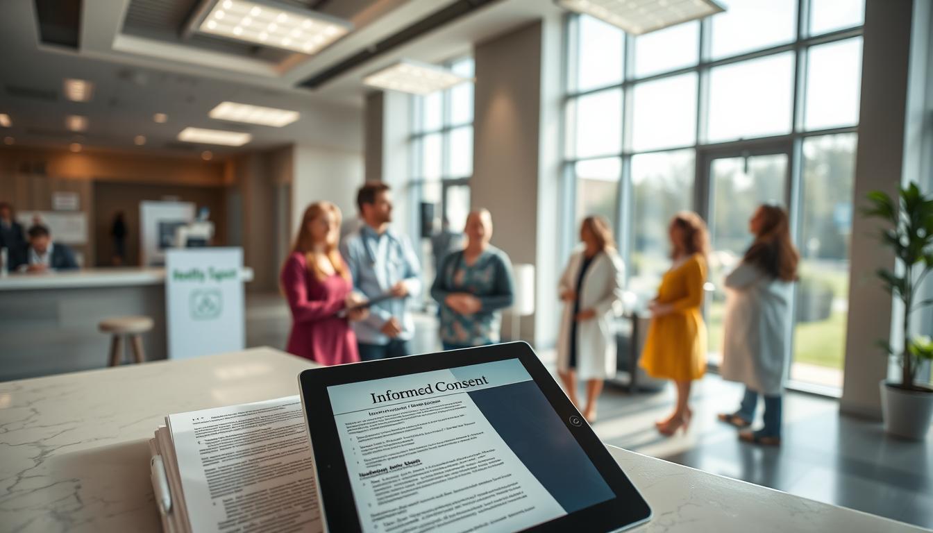 A breathtaking panoramic view of a modern medical clinic, with a prominently displayed "Healthy Squire" sign. In the foreground, a desk with a tablet displaying intricate legal documents, symbolizing the informed consent protections. Patients in the middle ground engage with healthcare professionals, their expressions conveying a sense of trust and understanding. The background features large windows, allowing natural light to filter in, creating a warm and inviting atmosphere. The scene exudes a sense of professionalism, transparency, and respect for patient rights, reflecting the importance of informed consent in the medical field.