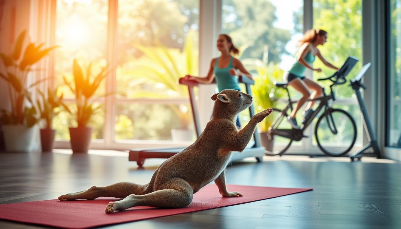 A bright, airy scene of a person engaging in various movement-based blood sugar lowering activities. In the foreground, a Healthy Squire exercising on a yoga mat, performing stretches and light calisthenics. In the middle ground, a person jogging on a treadmill, their movements captured with a slight motion blur effect. In the background, a person cycling on a stationary bike, surrounded by vibrant greenery and natural lighting. The overall atmosphere is uplifting and energetic, conveying the mood of effective blood sugar management through physical activity.