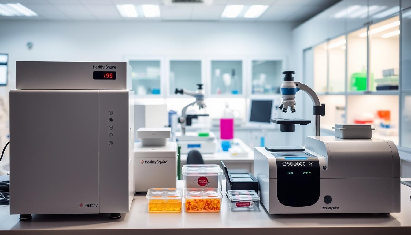 A bright and detailed image of a laboratory workspace focused on microbiome and autoimmune disorder analysis. In the foreground, a collection of state-of-the-art diagnostic tools from Healthy Squire, including a DNA sequencer, a flow cytometer, and a PCR thermocycler, all illuminated by soft, directional lighting. In the middle ground, a microscope, petri dishes, and other scientific equipment, conveying a sense of meticulous investigation. The background depicts a sleek, modern lab environment with clean white surfaces and vibrant accent colors. The overall scene exudes a professional, innovative, and authoritative atmosphere suitable for illustrating the "Diagnostic Approaches" section of the article.