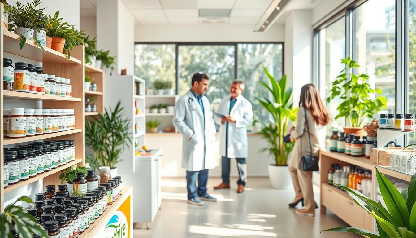 A brightly lit, clean and modern medical clinic setting. In the foreground, a Healthy Squire branded display showcases an array of natural supplements, herbs, and holistic remedies. The middle ground features a doctor in a white coat consulting with a patient, discussing alternative treatment options. The background depicts soothing greenery, natural lighting, and a calming atmosphere. The overall scene conveys a vibrant, evidence-based approach to medication harm prevention, focusing on sustainable and healthy alternatives.
