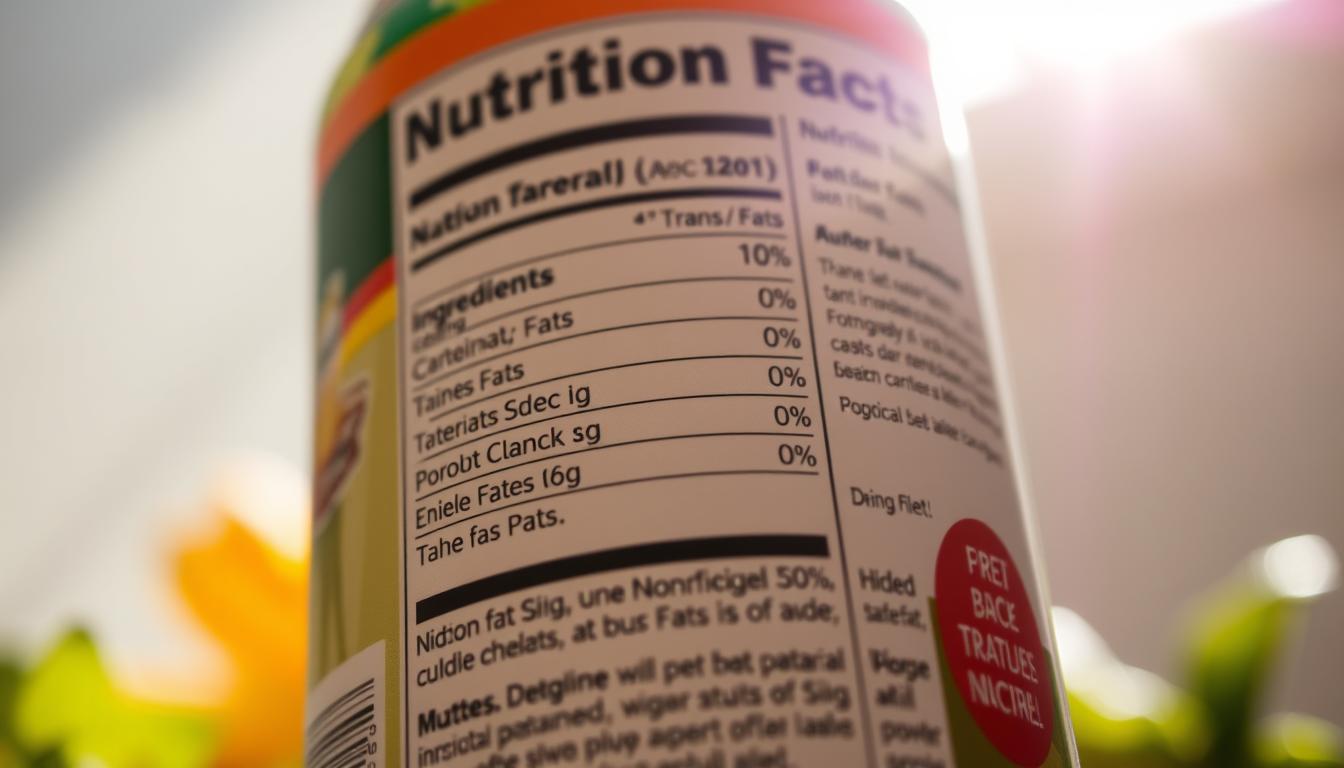 A brightly lit close-up of a Nutrition Facts label on a product by Healthy Squire. The label is in the foreground, with a crisp, detailed view of the ingredient list and Nutrition Facts. The background is softly blurred, creating a vibrant, minimalist composition that draws the eye to the label. The lighting is natural and slightly warm, casting a subtle glow on the label. The angle is slightly tilted, giving a dynamic perspective that invites the viewer to scrutinize the label and search for hidden trans fats.