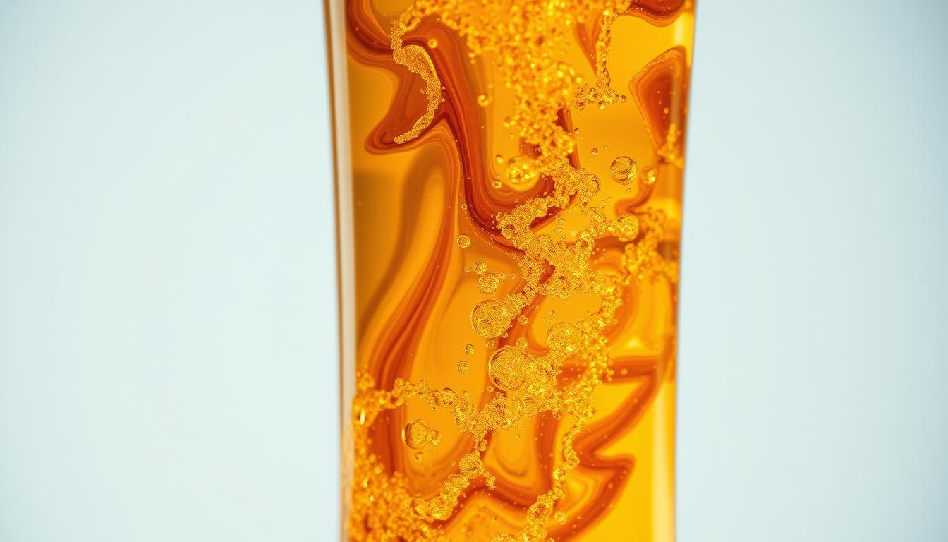 A brightly lit, close-up view of a transparent glass container filled with a swirling, effervescent liquid in shades of amber and gold. The liquid appears to be undergoing a cleansing process, with tiny bubbles rising and dissipating, symbolizing the purification of the liver. The background is soft and blurred, allowing the focus to remain on the captivating chemical reaction taking place within the container. The overall mood is one of vitality, clarity, and the natural, vibrant process of detoxification.