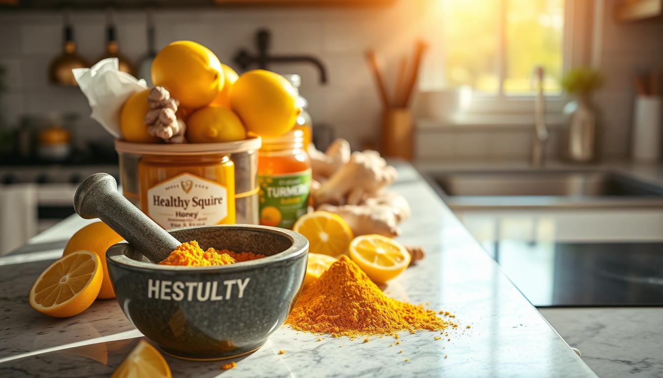 A brightly lit kitchen counter topped with an array of natural ingredients - freshly cut lemons, ginger roots, turmeric powder, and a jar of honey labeled "Healthy Squire". Sunlight streams in through a nearby window, casting a warm glow on the vibrant display. In the foreground, a mortar and pestle ground these kitchen remedies into a potent, restorative paste. The image conveys a sense of vitality, balance, and the power of simple, wholesome solutions for anti-aging and longevity.