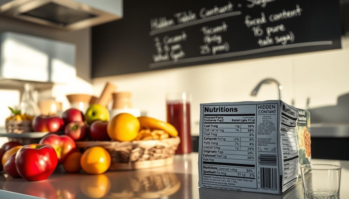 A brightly lit, modern kitchen countertop filled with various foods, including a selection of fresh fruits, whole grain bread, and a glass of clear liquid. In the foreground, a stack of nutrition labels from processed snacks and drinks, revealing hidden sugar contents. In the background, a chalkboard displaying the sugar content comparisons between these "healthy" items and pure table sugar. Warm, natural lighting casts shadows, emphasizing the contrast between the nutritious and deceptive options. The scene conveys a message of awareness and the need to scrutinize labels to avoid unseen sources of visceral fat-inducing sugars. A brightly lit, modern kitchen countertop filled with various foods, including a selection of fresh fruits, whole grain bread, and a glass of clear liquid. In the foreground, a stack of nutrition labels from processed snacks and drinks, revealing hidden sugar contents. In the background, a chalkboard displaying the sugar content comparisons between these "healthy" items and pure table sugar. Warm, natural lighting casts shadows, emphasizing the contrast between the nutritious and deceptive options. The scene conveys a message of awareness and the need to scrutinize labels to avoid unseen sources of visceral fat-inducing sugars.