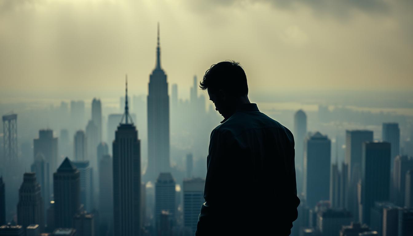 A bustling city skyline shrouded in a hazy, oppressive atmosphere. In the foreground, a solitary figure, weighed down by the burden of chronic stress, stands against the backdrop of towering structures. Muted colors and long shadows convey a sense of melancholy and the silent, insidious toll of persistent pressure. The subjects' posture is tense, shoulders hunched, eyes downcast, reflecting the inner turmoil. Vibrant, diffused lighting casts a somber glow, emphasizing the overwhelming impact of chronic stress on the individual. Detailed architectural elements in the middle ground and a distant, blurred cityscape in the background further enhance the sense of isolation and the inability to escape the relentless demands of modern life.