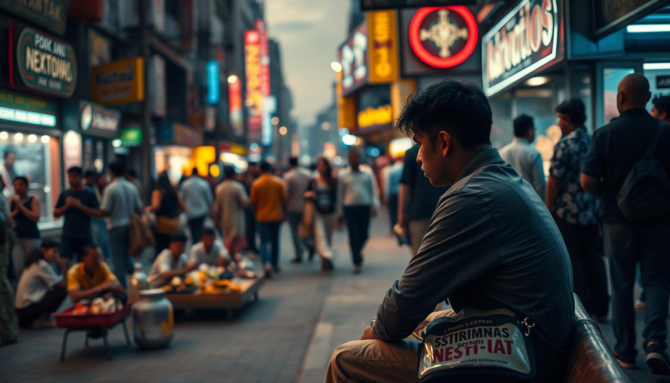 A bustling city street at dusk, the air heavy with the scent of spices and the muted chatter of passersby. In the foreground, a solitary figure sits on a bench, their face turned inward, grappling with the social challenges of fasting. The mid-ground is filled with a diverse array of people - some enjoying a lively meal, others casting curious glances at the lone figure. The background is a vibrant, neon-lit cityscape, hinting at the constant temptations and distractions that can make fasting a difficult social experience. Soft, warm lighting bathes the scene, creating a sense of contemplation and introspection. The overall atmosphere is one of psychological tension, as the individual navigates the social complexities of their fasting journey.