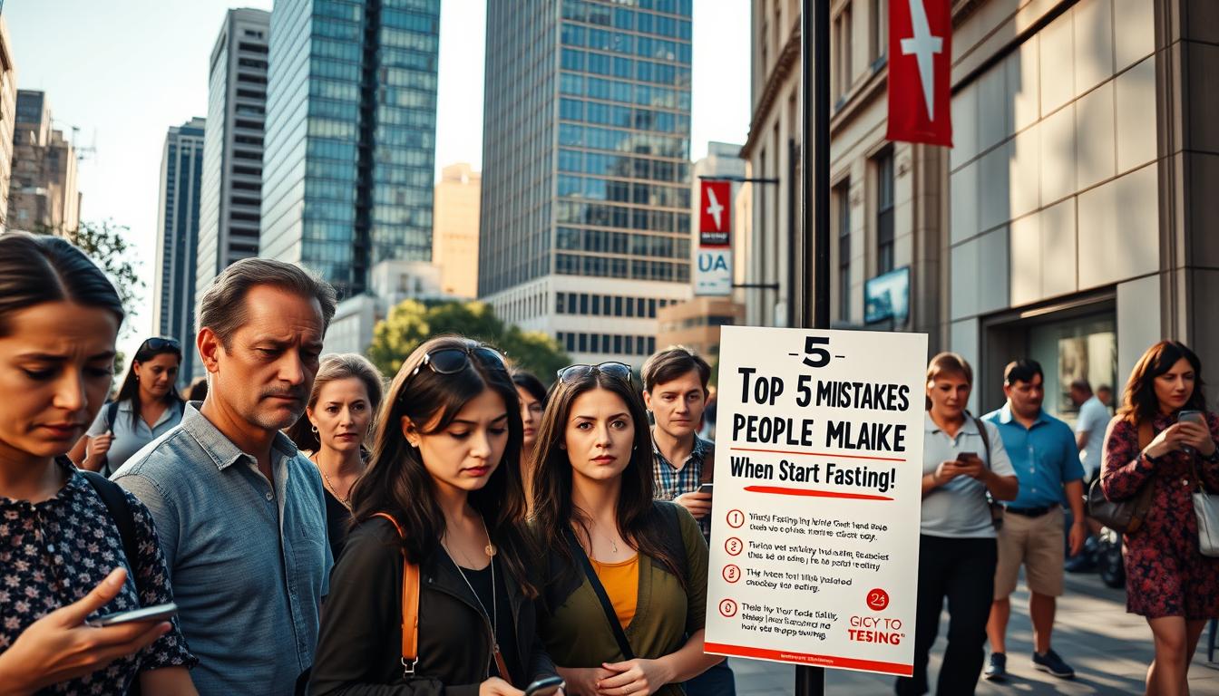A bustling city street, the midday sun casting long shadows on the sidewalk. In the foreground, a group of health-conscious individuals, their faces etched with concern, gather around a poster highlighting the "Top 5 Mistakes People Make When Starting Fasting." The vibrant colors and dynamic poses convey a sense of social pressure and the weight of expectations surrounding the fasting journey. In the middle ground, a towering glass-and-steel office building looms, its sleek facade mirroring the modern, fast-paced lifestyle that may contribute to the challenges of maintaining a fasting routine. The background is a blur of activity, with pedestrians hurrying past, their attention divided between their smartphones and the world around them, perhaps oblivious to the struggles faced by those seeking to improve their health through fasting.