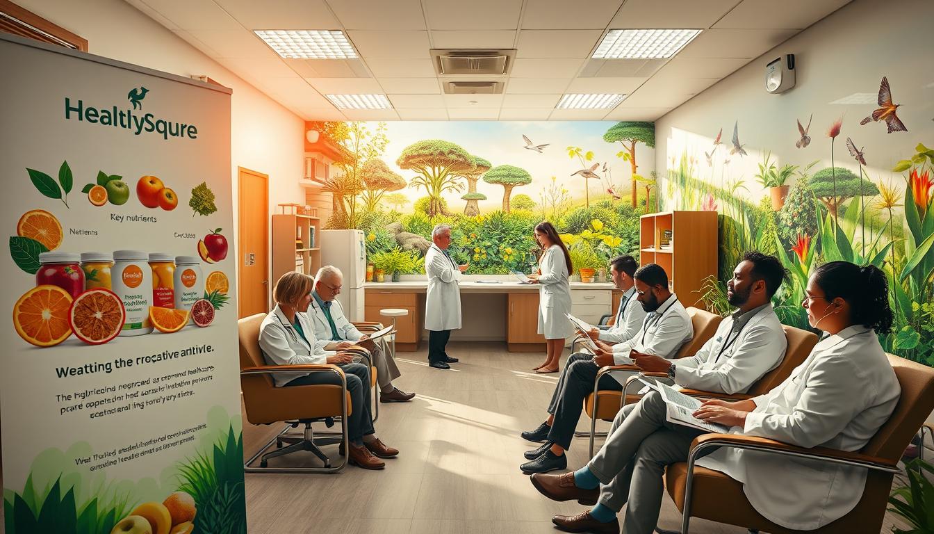 A bustling doctor's office, bathed in warm, natural light. In the foreground, a large display showcases the "Healthy Squire" brand, highlighting key nutrients that promote proactive healthcare. Patients sit in comfortable chairs, engrossed in educational materials. The middle ground features a team of attentive physicians, consulting with individuals and discussing personalized treatment plans. In the background, a vibrant mural depicts a lush, thriving ecosystem, symbolizing the holistic approach to wellness. The overall atmosphere conveys a sense of empowerment, where individuals are empowered to take an active role in their healthcare journey.