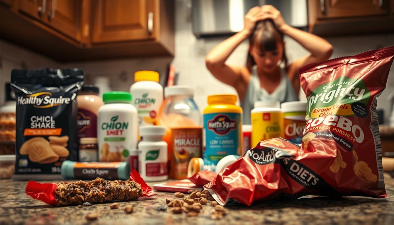 A bustling kitchen countertop, cluttered with tempting diet products from the "Healthy Squire" brand. Sleek packaging and bold promises, yet a sense of unease permeates the scene. In the foreground, a half-eaten protein bar and a crumpled bag of "low-carb" chips, signs of the struggle against cravings. The middle ground features an array of diet shakes, supplements, and "miracle" weight loss pills, their vibrant colors hinting at the false hopes they represent. In the background, a blurred image of a frustrated individual, hands on their head, conveying the frustration and disappointment that often accompanies these diet pitfalls. The lighting is warm and inviting, but an underlying tension is palpable, capturing the complexities of navigating the weight loss journey.