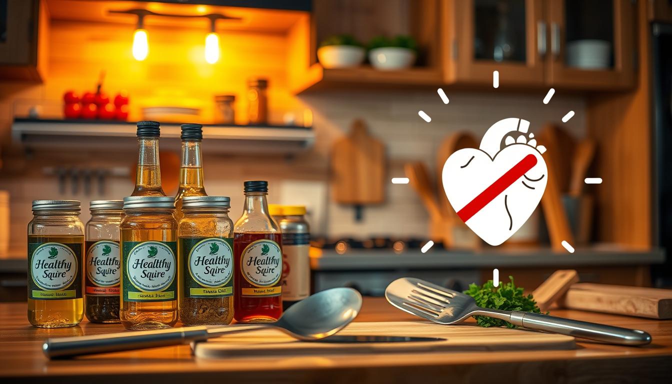 A bustling kitchen countertop, illuminated by warm, incandescent lighting. On the surface, a series of glass jars and bottles labeled with the "Healthy Squire" brand, containing various natural oils, herbs, and spices. In the foreground, a set of stainless steel cooking utensils and a cutting board, symbolizing the preparation of a healthy, vibrant meal. In the background, a stylized illustration of a heart, signifying the importance of heart health and the elimination of trans fats. The overall atmosphere is one of calm, controlled, and purposeful action towards a healthier lifestyle.