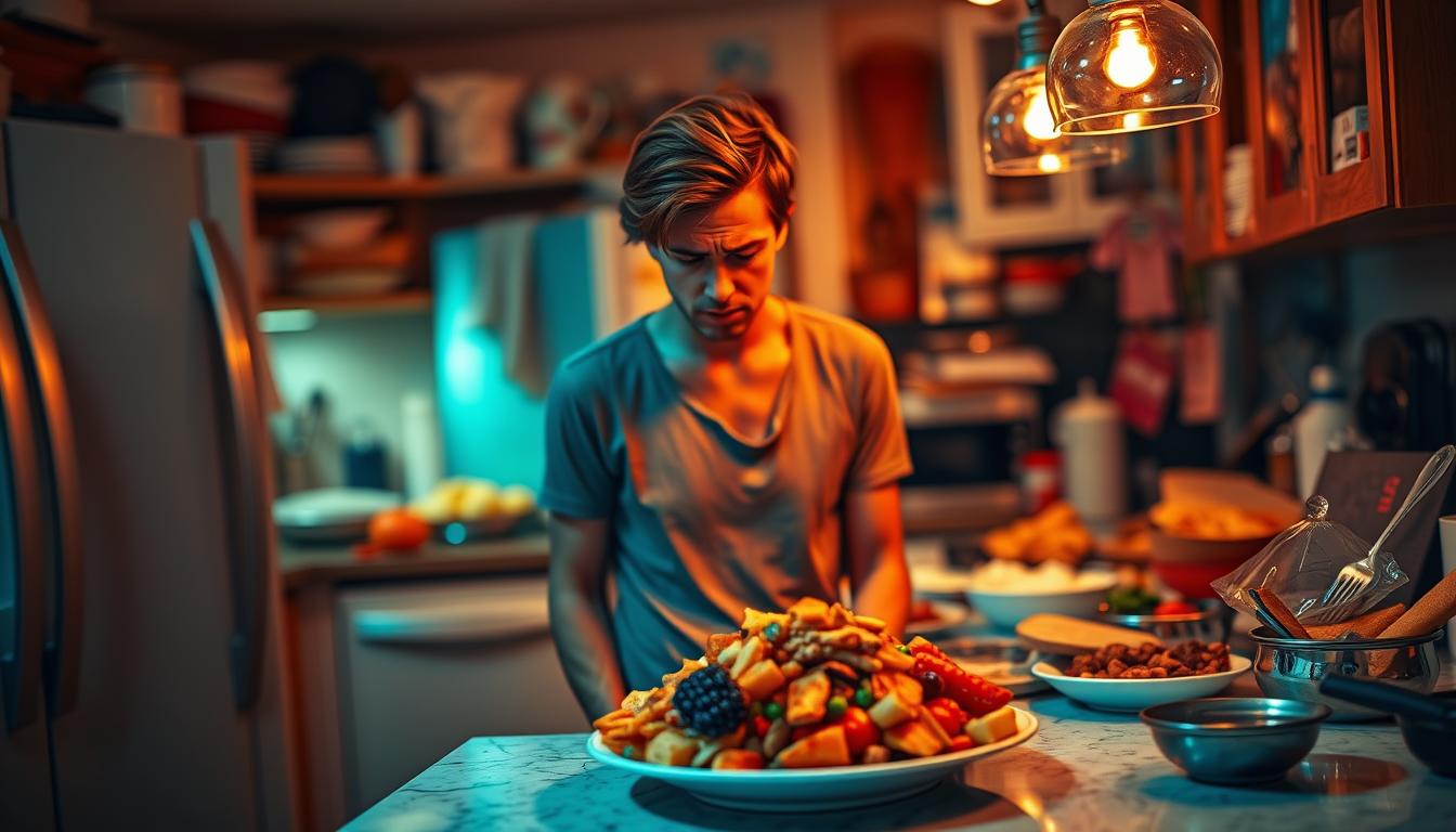 A bustling kitchen scene, illuminated by warm, vibrant lighting. In the foreground, a person stands beside an overflowing plate, their expression one of regret and discomfort, highlighting the mistake of overcompensating during feeding windows. The middle ground features a variety of tempting, high-calorie foods scattered across the countertop, while the background shows a cluttered, chaotic space, underscoring the potential for overconsumption. The overall atmosphere conveys a sense of indulgence gone awry, a cautionary tale about the pitfalls of disrupting the delicate balance of fasting regimens.