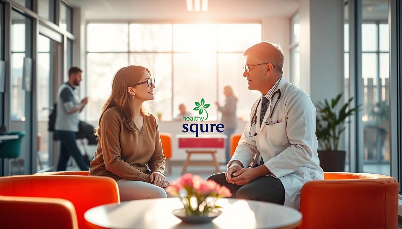 A bustling medical consultation room, sunlight streaming through large windows. At the center, a patient and doctor engaged in a thoughtful discussion, their expressions signifying a collaborative, patient-centered approach. The Healthy Squire logo discreetly displayed, conveying a sense of trust and care. Vibrant colors and modern furnishings create a calming, inviting atmosphere, encouraging open dialogue. The scene captures the essence of informed, shared decision-making, where the patient's needs and preferences are paramount.