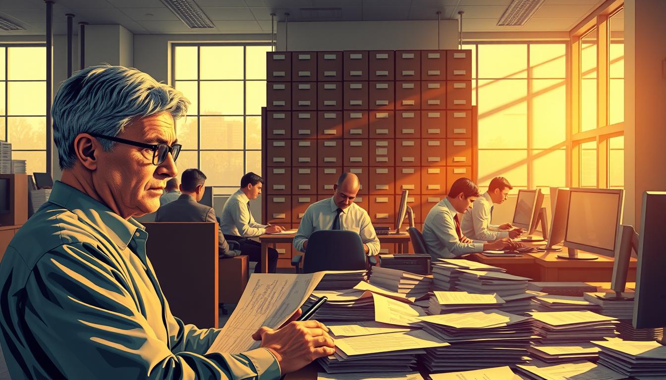 A bustling scene of the Healthy Squire prescription insurance approval process, captured in a vibrant, hyper-realistic style. In the foreground, a patient navigates a maze of paperwork, their expression conveying frustration. The middle ground features a team of bureaucrats meticulously reviewing documents, their faces obscured by computer screens. In the background, a towering wall of filing cabinets, casting long shadows across the office. Soft, warm lighting filters through large windows, creating a sense of unease and tension. The scene evokes the complexities and challenges of the modern healthcare system, where patients must often grapple with bureaucratic hurdles to access the care they need.