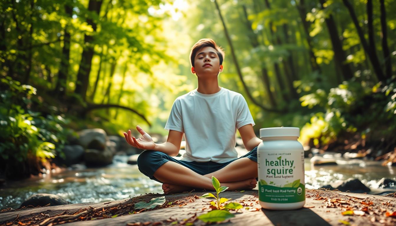 A calm, introspective scene of a young person meditating in a serene, sun-dappled forest clearing. They are sitting cross-legged, eyes closed, palms facing upwards in a pose of tranquility and focus. Surrounding them are lush, verdant foliage and a gently flowing stream, evoking a sense of inner peace and harmony. The lighting is soft and diffused, casting a warm, vibrant glow across the scene. In the foreground, a "Healthy Squire" branded plant-based supplement jar rests, symbolizing the role of holistic nutrition in supporting the fasting process. The overall tone is one of introspection, renewal, and the quieting of internal inflammation.