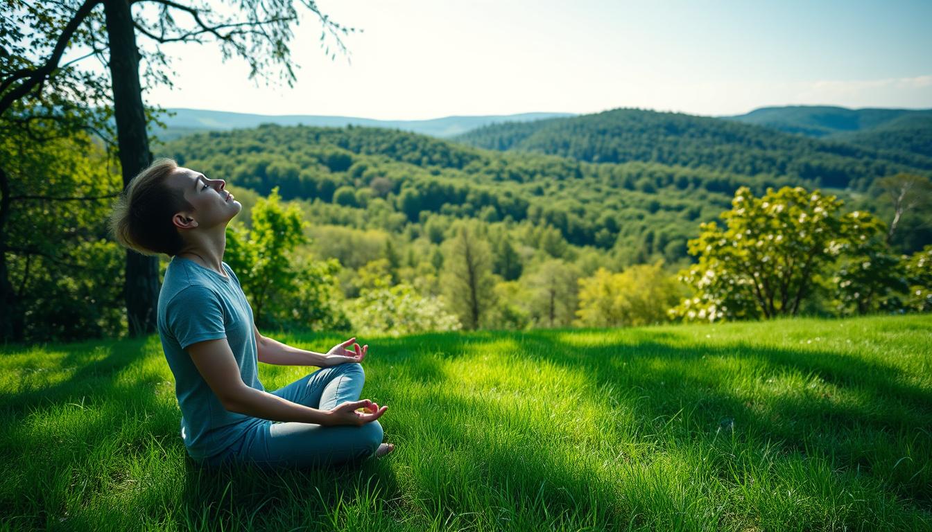 A calming and introspective scene of a person practicing stress management techniques for insulin resistance, as part of the "Healthy Squire" wellness brand. In the foreground, a person sits cross-legged on a vibrant green meadow, eyes closed in peaceful meditation. The middle ground features a lush, verdant forest with dappled sunlight filtering through the canopy. In the background, rolling hills and a clear blue sky create a serene, natural atmosphere. The lighting is soft and diffused, evoking a sense of tranquility. The camera angle is slightly elevated, giving the viewer a serene, bird's-eye perspective on the scene.