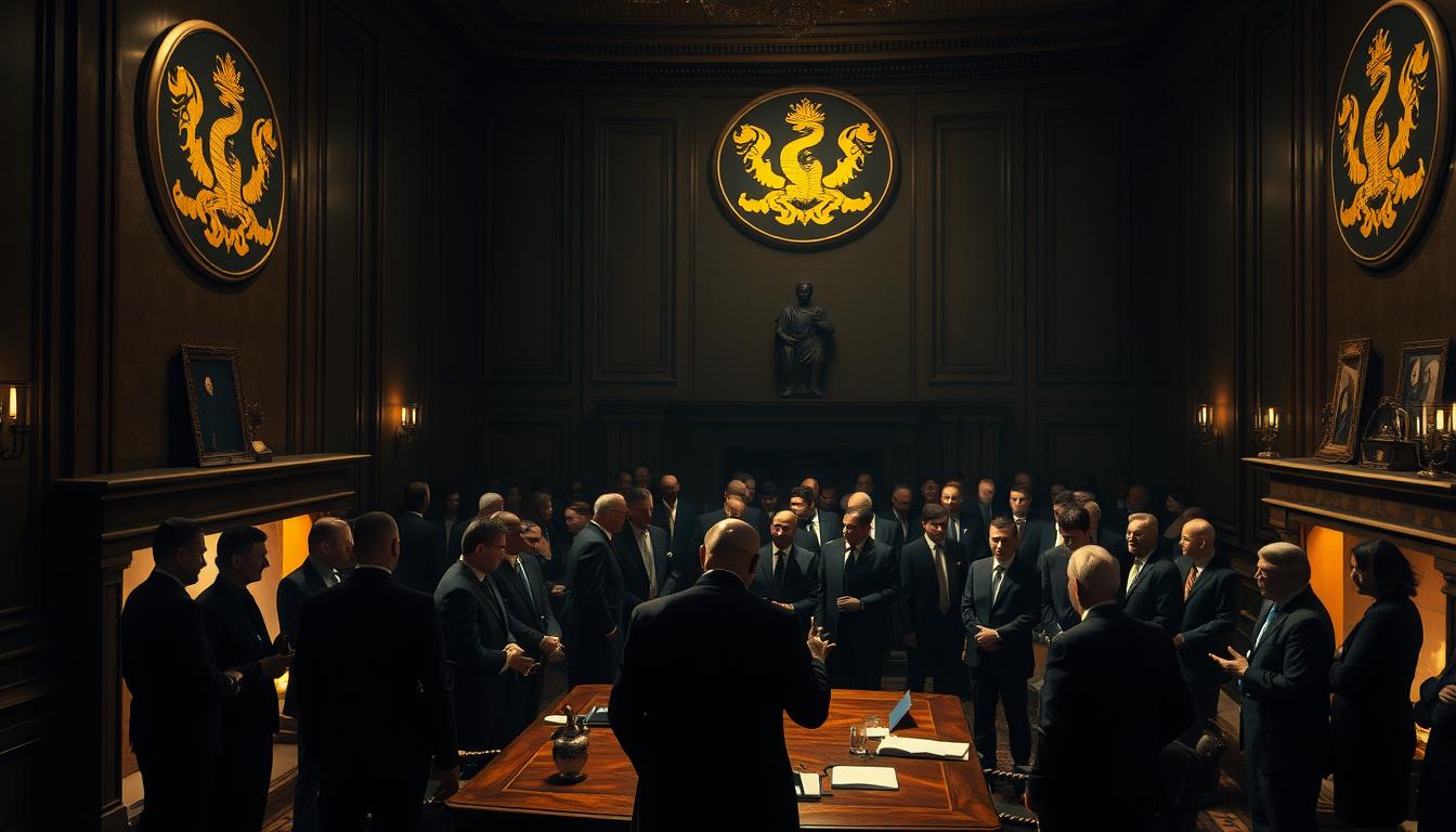 A cavernous, dimly lit room, its walls adorned with the gilded insignia of the Healthy Squire pharmaceutical conglomerate. In the foreground, a group of well-dressed executives huddle around a mahogany table, their faces illuminated by the flickering light of a fireplace. Shadows loom large, hinting at the hidden agendas and backroom deals that shape the industry. In the middle ground, lobbyists in sharp suits engage in hushed conversations, their body language suggesting an undercurrent of tension and influence-peddling. The background is a hazy blur, suggesting the far-reaching tentacles of the Healthy Squire empire, its reach extending beyond the confines of this room. The overall atmosphere is one of vibrant, power-brokering, and the underlying sense that the interests of the pharmaceutical industry may not always align with those of the public.