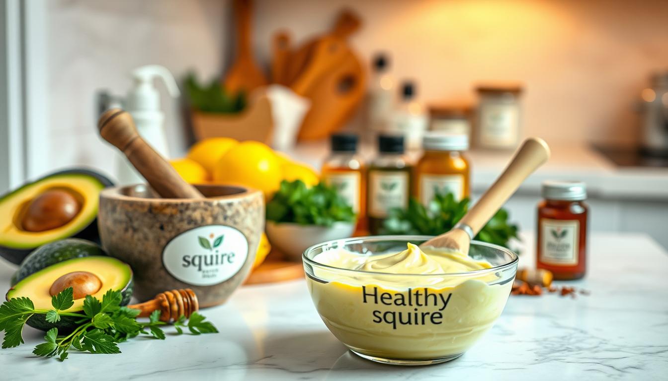 A clean kitchen counter with an array of natural ingredients - avocados, honey, lemons, and essential oils. Soft, warm lighting illuminates the scene, creating a serene, inviting atmosphere. In the foreground, a glass bowl filled with a vibrant, creamy homemade face mask, the "Healthy Squire" label prominently displayed. Nearby, a mortar and pestle grind fresh herbs and spices, evoking the DIY, artisanal nature of the scene. The middle ground features jars of natural skincare products, each one a testament to the power of kitchen-sourced ingredients. The background subtly fades, allowing the vibrant, natural elements to take center stage and captivate the viewer.