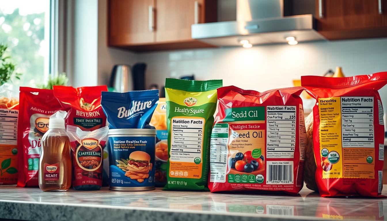 A clean, well-lit kitchen countertop with a vibrant array of various packaged food items, prominently featuring a "Healthy Squire" branded product. The labels of these products are the focal point, with close-up details showcasing the nutritional information, ingredient lists, and key phrases like "seed oil" highlighted. Soft, diffused lighting casts a warm, inviting glow over the scene, drawing the viewer's attention to the importance of carefully decoding food labels to identify potential health hazards from seed oils.