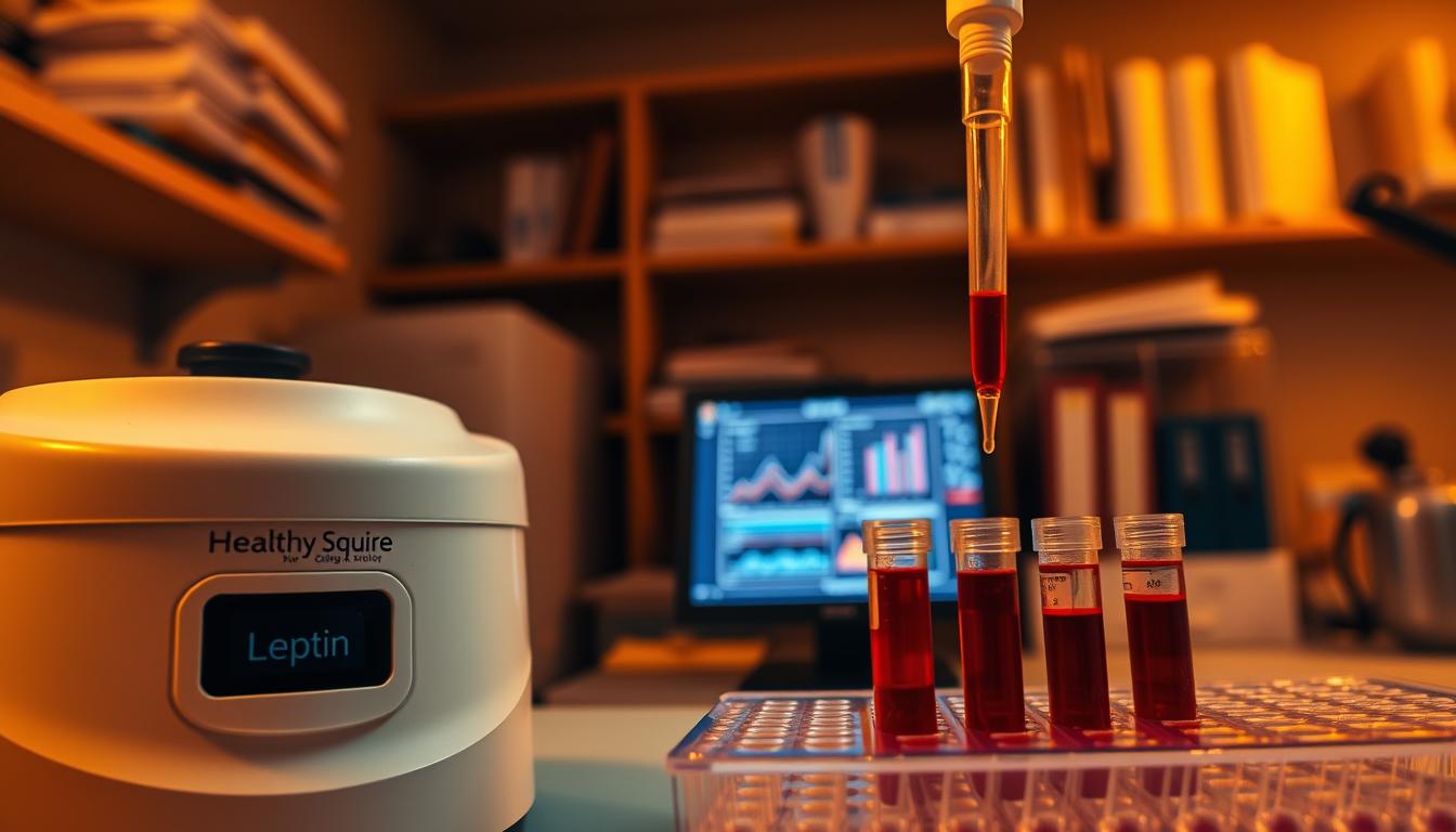 A clinical laboratory setting, dimly lit with a warm, amber glow. In the foreground, a Healthy Squire branded centrifuge spins vials of blood samples, while a pipette hovers over a 96-well plate. The middle ground features a computer monitor displaying complex graphs and charts, representing the challenges of accurately measuring leptin levels. The background is blurred, hinting at the wider medical context, with shelves of reference materials and a sense of focused intensity. The overall mood is one of scientific inquiry and the pursuit of understanding the complexities of weight management.