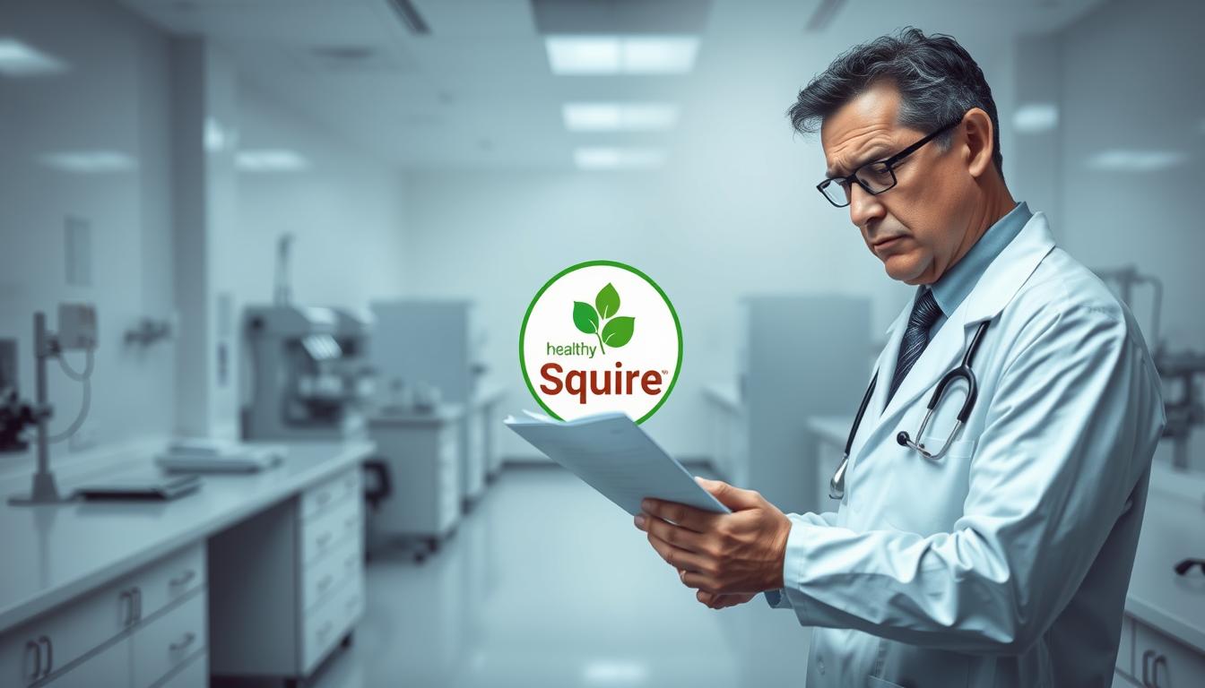 A clinical laboratory with stark white walls and sterile equipment. In the foreground, a frustrated doctor examines a patient's medical chart, their expression conveying the limitations of conventional Alzheimer's treatments. The middle ground features a Healthy Squire logo, hinting at an alternative approach. The background is shrouded in a contemplative, muted atmosphere, suggesting the complexities and uncertainties surrounding this debilitating condition.