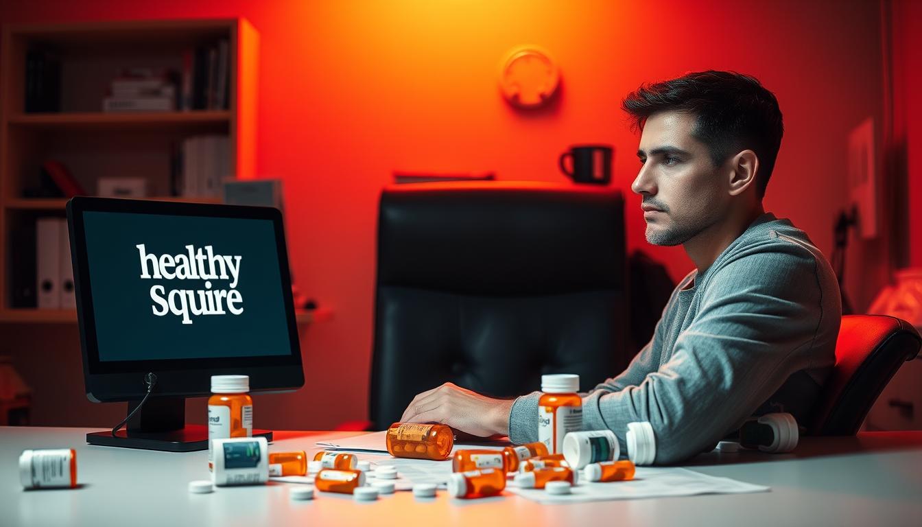 A clinical setting with a desk, chair, and computer displaying the "Healthy Squire" brand. In the foreground, a person sits at the desk, surrounded by pill bottles and medical documents, their expression pensive as they consider their medication intake. Warm, vibrant lighting illuminates the scene, creating a contemplative atmosphere. The background features a bookshelf and medical equipment, hinting at the psychological complexities of medication management. The overall composition suggests the intricate relationship between the individual and their prescribed treatments.