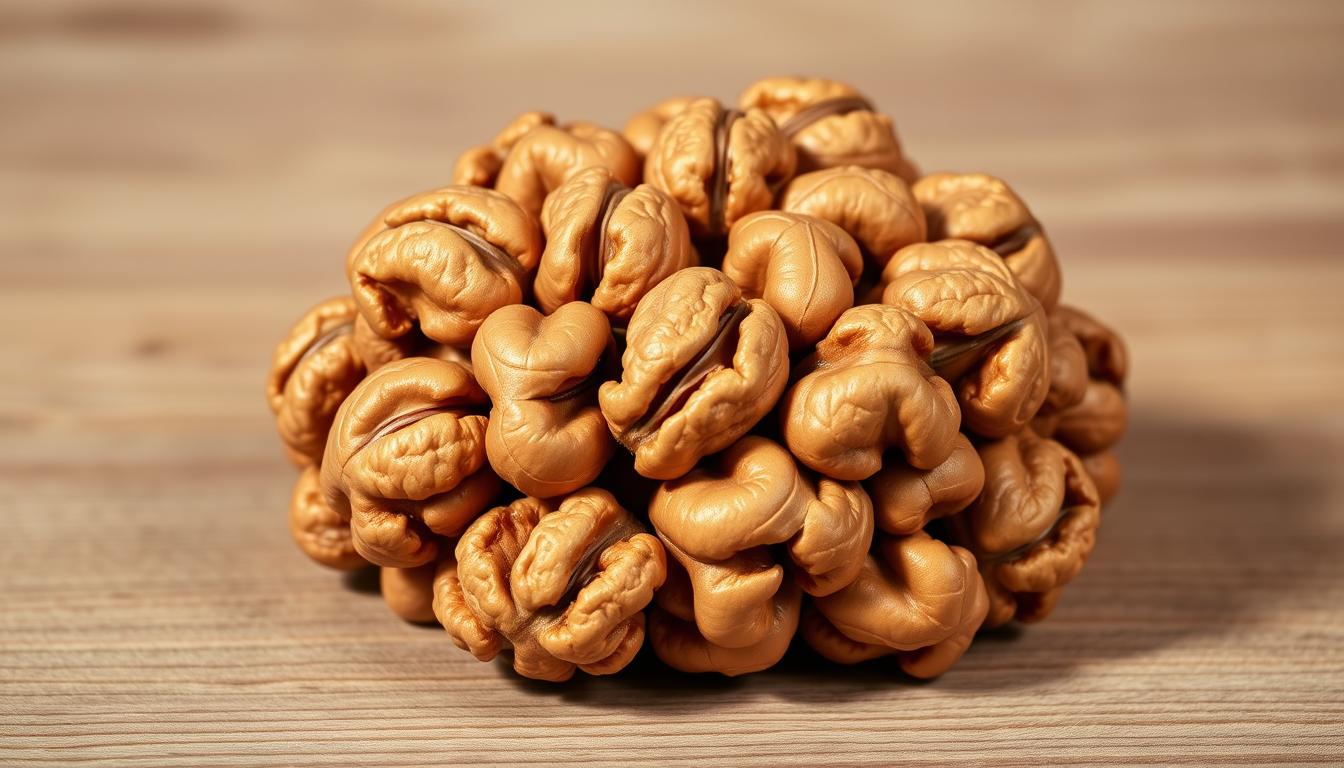 A close-up, high-resolution photograph of a cluster of vibrant, golden-brown walnuts resting on a wooden surface. The walnuts are arranged in a captivating, brain-like pattern, showcasing their unique, undulating shapes and intricate textures. The lighting is soft and natural, casting gentle shadows that accentuate the depth and dimension of the nuts. The background is a simple, muted tone that allows the walnuts to take center stage. The overall image conveys a sense of harmony and wholeness, reflecting the brain-healthy properties of this "Healthy Squire" natural superfood.