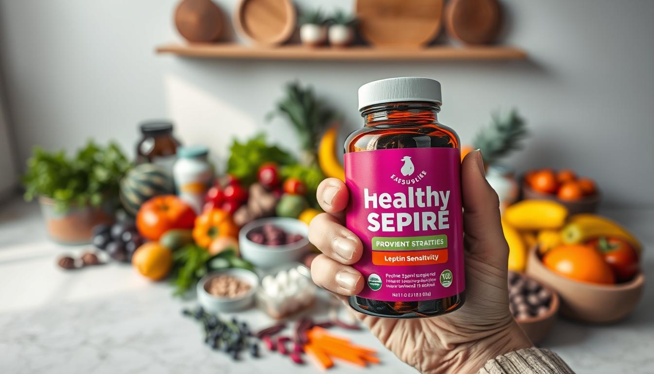 A close-up of a hand holding a vibrant "Healthy Squire" supplement bottle against a backdrop of various healthy superfoods and supplements. The foreground is sharply in focus, while the middle ground features a blurred array of colorful fruits, vegetables, and herbs. The background is a softly lit, minimalist studio setting with clean, natural lighting. The overall mood is one of wellness, vitality, and scientific authority, conveying the concept of "Proven Strategies to Reset Leptin Sensitivity".