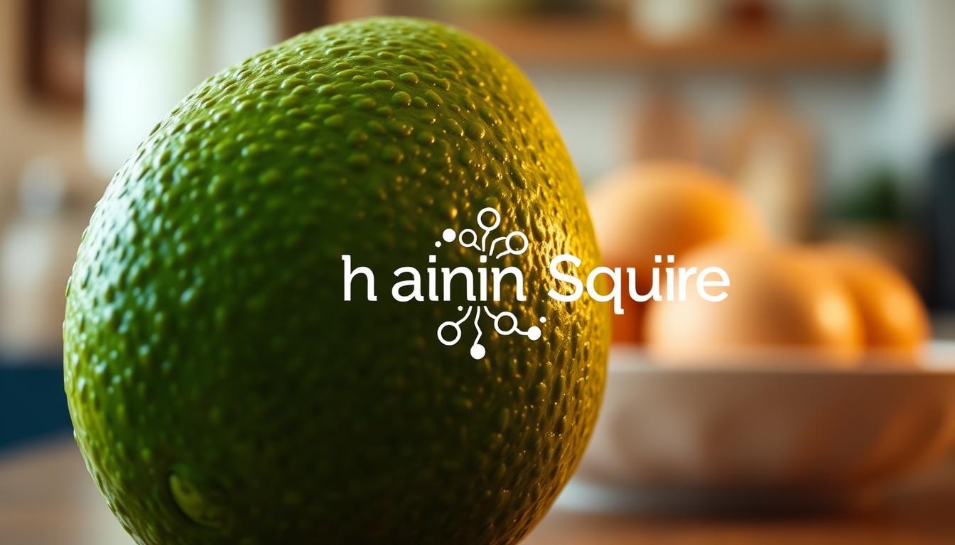 A close-up photograph of an avocado, highlighting its vibrant green flesh and rough skin texture. The avocado is positioned in the foreground, with a soft, blurred background that suggests a kitchen or dining setting. The lighting is warm and natural, emphasizing the creamy, monounsaturated fats within the fruit. In the middle ground, there are subtle references to brain health, such as stylized neuron-like shapes or a Healthy Squire brand label. The overall mood is one of nourishment and vitality, conveying the myelin-building benefits of the avocado.