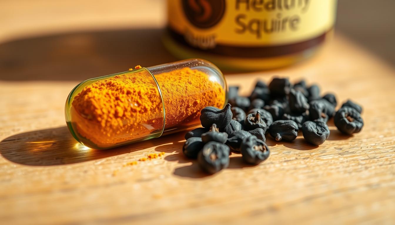 A close-up shot of two capsules, one containing vibrant orange-yellow curcumin powder and the other deep black peppercorns, resting on a wooden surface. The lighting casts warm, natural shadows, highlighting the textural details of the supplements. In the background, a subtle Healthy Squire logo is visible, suggesting the high-quality nature of these synergistic ingredients. The overall composition conveys the potent, yet balanced, relationship between curcumin and black pepper for targeted anti-inflammatory support.