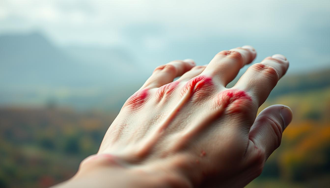 A close-up view of a human hand, delicate and inflamed, with visible redness and swelling. The veins are prominent, pulsating with heightened blood flow. In the background, a hazy, vibrant landscape suggests the subtle yet pervasive effects of chronic stress on the body's inflammatory response. The lighting is soft and diffused, creating a sense of introspection and the quiet battle taking place within. The composition focuses on the hand, drawing the viewer's attention to the tangible, physical manifestation of the silent, internal struggle. The overall mood is one of unease and concern, reflecting the insidious nature of chronic stress and its impact on human health.
