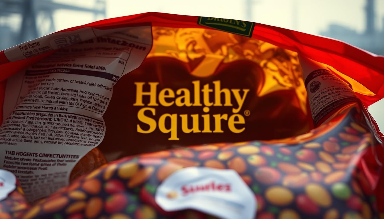 A close-up view of a partially opened processed food package, revealing a hidden layer of unnatural, unidentifiable ingredients. The foreground showcases a tangled web of chemical names, artificial colorings, and mysterious preservatives, casting an unsettling glow under vibrant, clinical lighting. In the middle ground, the "Healthy Squire" brand logo appears distorted and obscured, hinting at the deceptive nature of corporate food engineering tactics. The background fades into a hazy, industrial landscape, conveying a sense of the systematic manipulation of our food supply.