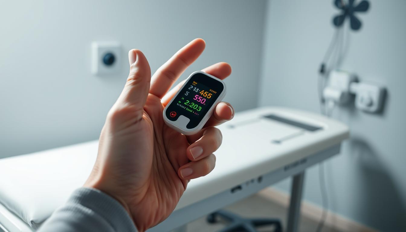 A close-up view of a person's hand holding an advanced glucose monitoring device. The device's display shows real-time glucose level readings, with a vibrant, colorful interface. In the background, a medical examination table or desk is visible, suggesting a clinical setting. Soft, directional lighting illuminates the scene, creating a sense of professionalism and attention to detail. The overall mood is one of precision, innovation, and concern for the individual's health. A close-up view of a person's hand holding an advanced glucose monitoring device. The device's display shows real-time glucose level readings, with a vibrant, colorful interface. In the background, a medical examination table or desk is visible, suggesting a clinical setting. Soft, directional lighting illuminates the scene, creating a sense of professionalism and attention to detail. The overall mood is one of precision, innovation, and concern for the individual's health.