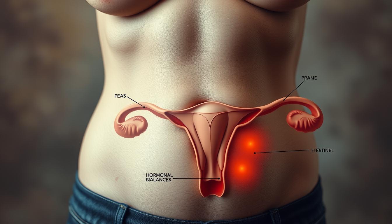 A close-up view of a person's lower abdomen, depicting the internal effects of chronic stress on reproductive health. The skin appears pale and blemished, with noticeable dark circles under the eyes. The background is a hazy, muted color palette, creating a sense of unease and tension. The foreground features a detailed illustration of the reproductive organs, with highlighted areas showing inflammation, hormonal imbalances, and diminished function. The overall atmosphere is vibrant yet sombre, conveying the silent and insidious nature of chronic stress's impact on one's reproductive wellbeing.
