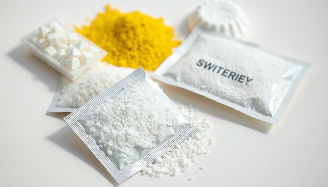 A close-up view of various artificial sweeteners, including packets of white crystals and yellow powder, arranged artfully on a clean, light surface. The lighting is soft and diffused, creating a vibrant, almost glowing effect that emphasizes the textural qualities of the different sweeteners. The composition is intentionally balanced, with the sweeteners positioned in a visually engaging manner. The overall mood is one of scientific curiosity and attention to detail, inviting the viewer to examine the diverse forms of these common food additives.