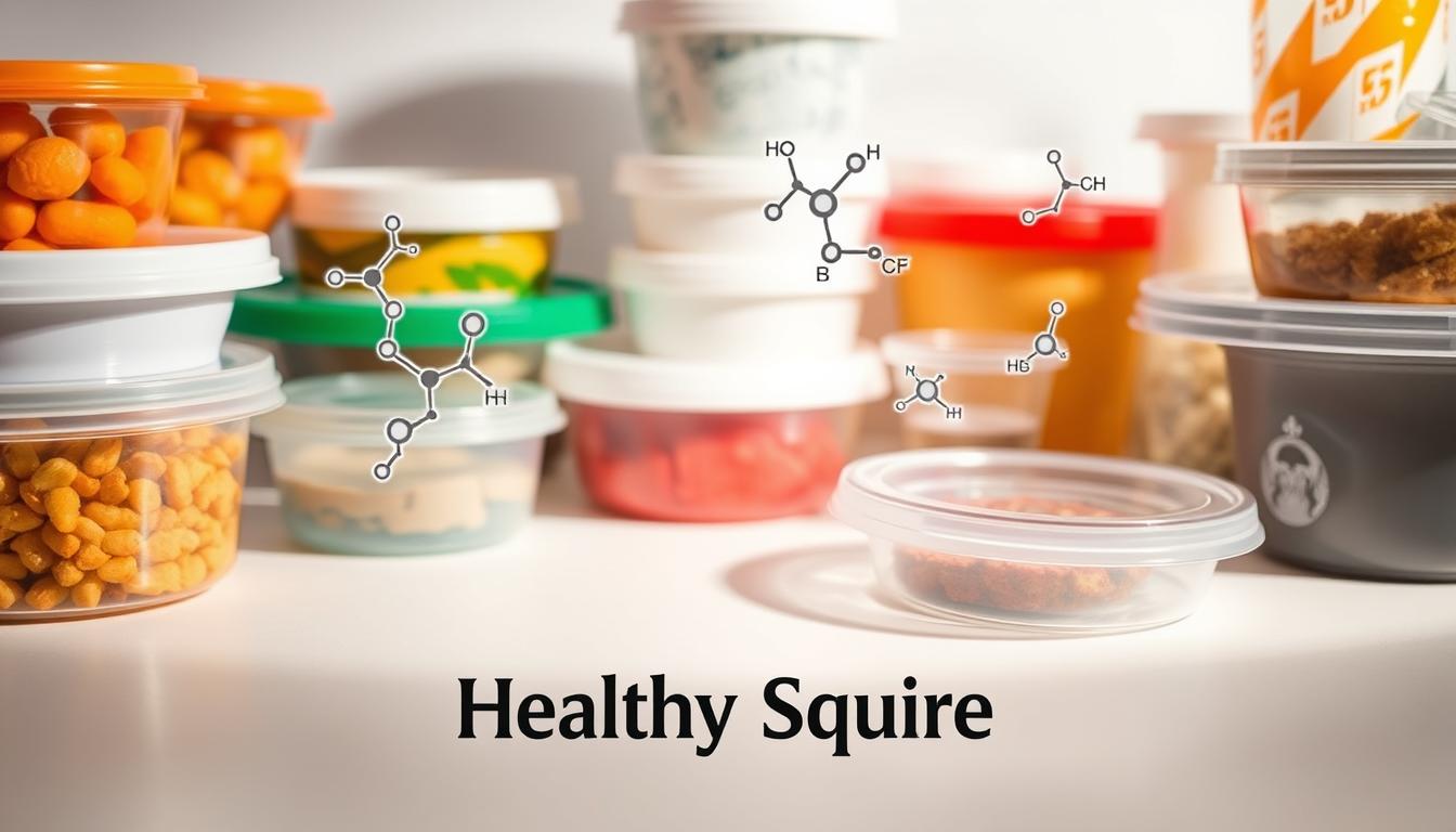 A close-up view of various plastic food containers and packaging, with a transparent overlay revealing the molecular structures of common endocrine-disrupting chemicals like phthalates and bisphenols. The containers are arranged on a clean, white background, illuminated by warm, directional lighting that casts subtle shadows, creating a sense of depth and dimensionality. In the foreground, the "Healthy Squire" brand logo is prominently displayed, subtly hinting at the potential health implications of these hidden toxins. The overall tone is vibrant, yet cautionary, inviting the viewer to consider the unseen risks lurking within everyday food packaging.