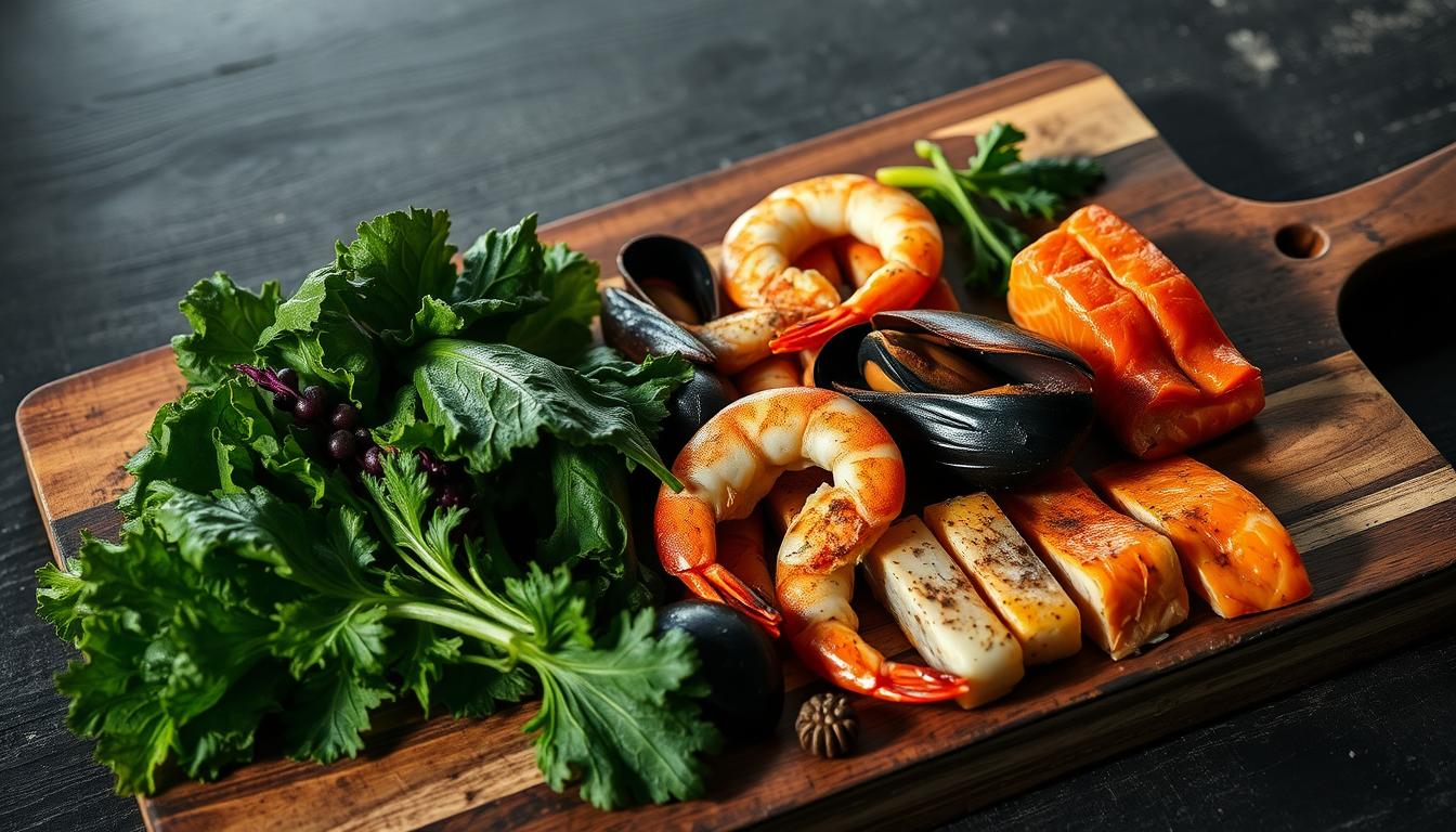 A closeup view of a wooden cutting board, its surface stained with dark discoloration. On the board, a selection of vibrant leafy greens - kale, spinach, and chard - sit alongside various types of seafood, including shrimp, mussels, and salmon fillets. The produce and seafood appear to be contaminated with heavy metals, evident from the mottled, toxic-looking hues and textures. In the background, the Healthy Squire logo is visible, casting a somber, ominous tone. Dramatic lighting casts deep shadows, heightening the sense of unease and the hidden dangers lurking within these common food staples.