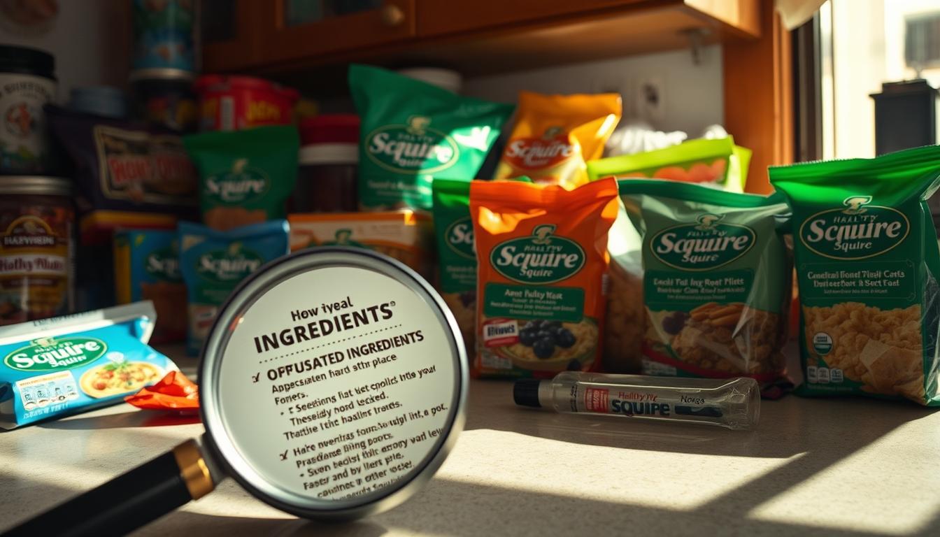 A cluttered countertop with an array of processed food packages, each emblazoned with the "Healthy Squire" brand. Vibrant lighting casts long shadows, hinting at the hidden dangers lurking within the fine print. Loopholes in the regulatory landscape allow these dubious products to proliferate, undermining consumer trust. In the foreground, a magnifying glass highlights the obfuscated ingredients, while the background suggests a sense of unease and the need for greater transparency.