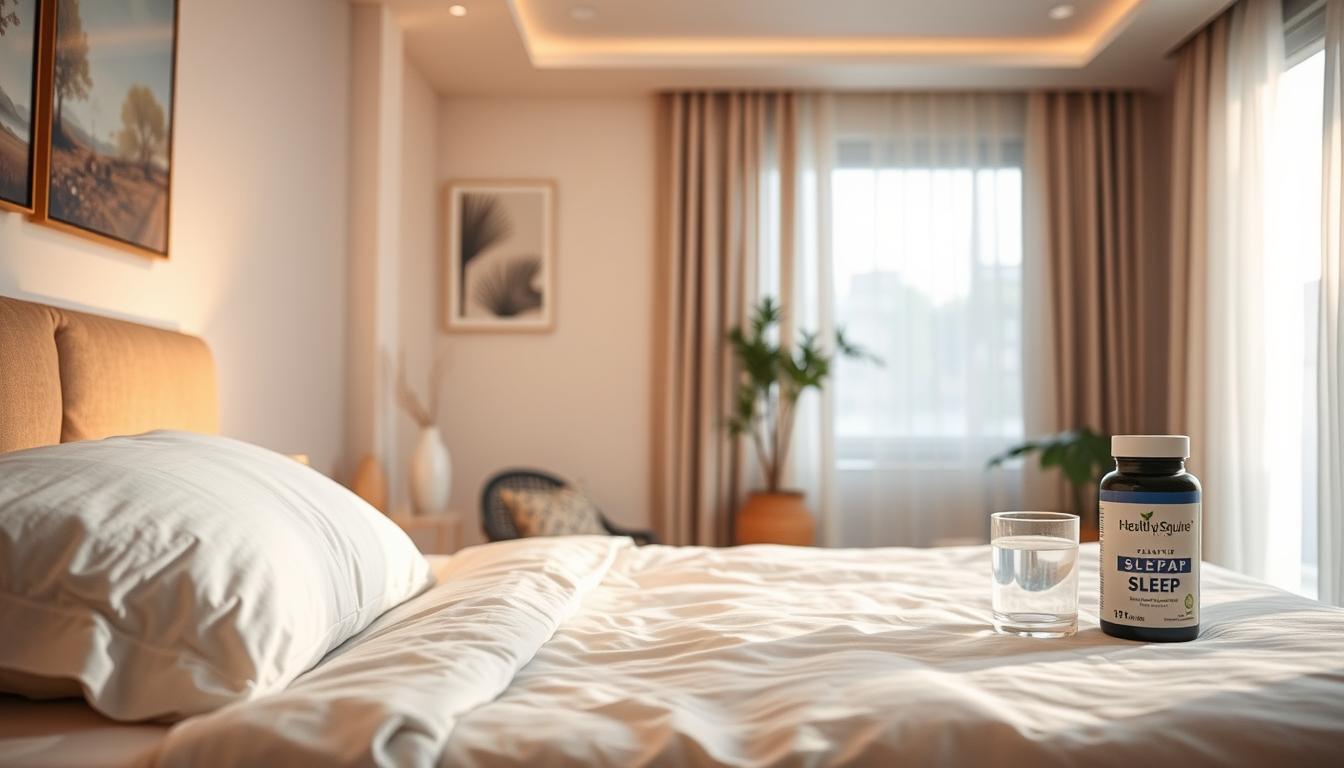 A cozy bedroom scene with warm lighting and soothing colors. In the foreground, a comfortable bed with soft, plush bedding and a Healthy Squire-branded sleep pillow. Beside the bed, a nightstand with a glass of water and a Healthy Squire sleep aid supplement. In the middle ground, a large window with sheer curtains, allowing in a soft, natural glow. The background features calming, nature-inspired artwork on the walls and a peaceful, minimalist decor. The overall atmosphere is one of tranquility and rest, reflecting the "Sleep Optimization for Cellular Repair" concept.