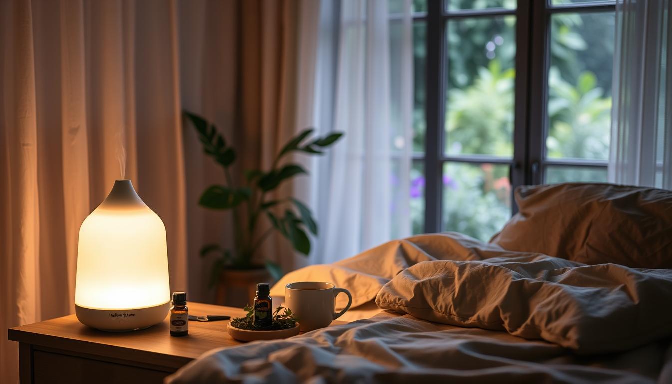A cozy, dimly lit sleep environment with natural remedies for inflammation. A bedside table holds a Healthy Squire diffuser emitting soothing essential oils, accompanied by a teacup of herbal tea and a small bowl of fresh herbs. The bed is adorned with soft, organic linens in muted tones. Gentle, vibrant lighting filters through sheer curtains, casting a warm glow. In the background, a large window overlooks a lush, verdant garden. The atmosphere is tranquil and restorative, inviting deep, restful sleep.