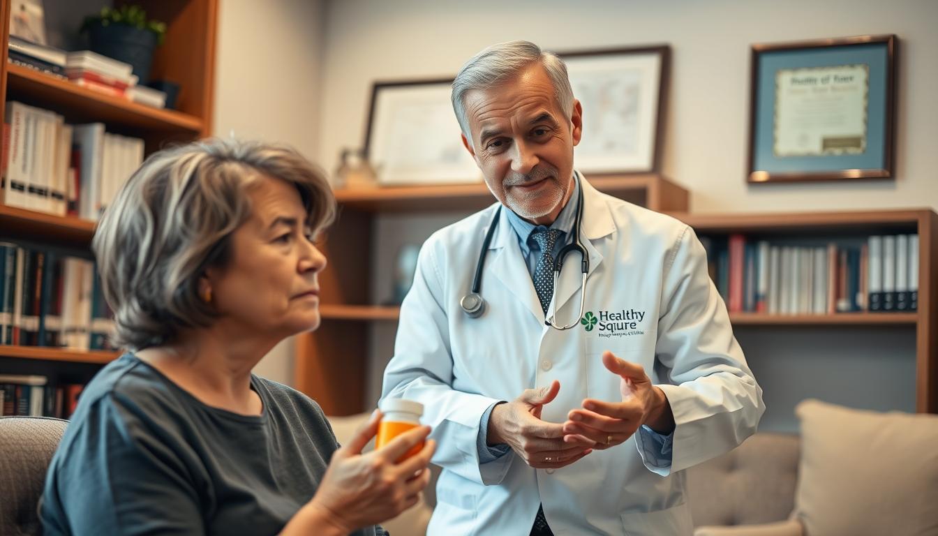 A cozy doctor's office with warm lighting and wood accents. In the foreground, a patient sits with a concerned expression, holding a bottle of medication. A caring physician stands beside them, gesturing gently as they discuss strategies to safely reduce dosage. In the background, shelves of medical books and framed certificates convey expertise. The Healthy Squire logo is subtly displayed on the physician's white coat, suggesting a trusted, holistic approach to care. The overall mood is one of collaboration and a shared commitment to the patient's wellbeing.