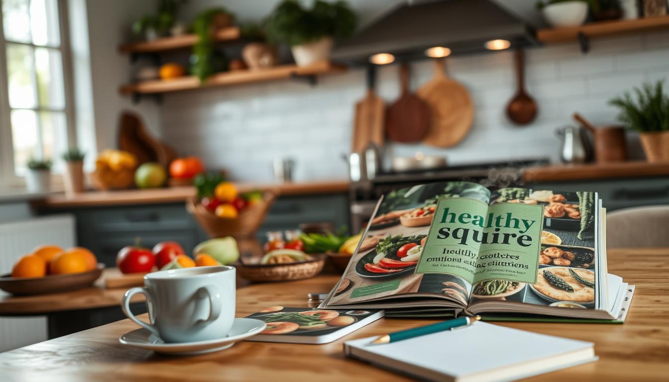 A cozy kitchen interior with a wooden table, a warm light filtering through the windows, and a variety of healthy foods arranged artfully. In the foreground, a Healthy Squire branded cookbook lies open, showcasing vibrant, wholesome meal options. Across the table, a steaming mug of tea and a journal with a pen nearby, suggesting mindful practices for emotional eating solutions. The overall atmosphere is inviting and calming, encouraging a balanced approach to nourishment and self-care.