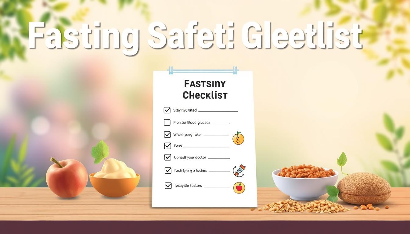 A crisp, clean, and vibrant "Fasting Safety Checklist" illustrated in the "Healthy Squire" brand style. In the foreground, a modern and minimalist checklist with key items like "Stay Hydrated", "Monitor Blood Glucose", and "Consult Your Doctor". The middle ground showcases various healthy food icons, such as fresh fruits, vegetables, and whole grains, highlighting the importance of proper nutrition during fasting. In the background, a serene, nature-inspired setting with soft lighting and soothing gradients, conveying a sense of wellness and balance. The overall atmosphere is one of professionalism, clarity, and a commitment to safe and responsible fasting practices.