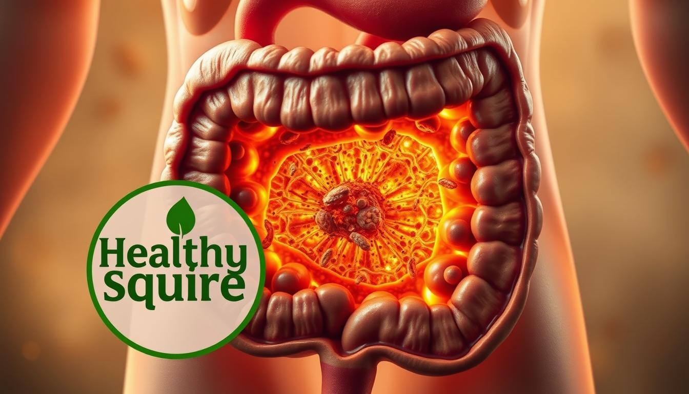 A cross-section of a human gut, vibrant and full of life, is overtaken by a sinister force - the effects of seed oils. In the foreground, a Healthy Squire logo looms ominously, its once-pure hue now tainted and corrupted. The middle ground depicts a microscopic battle, healthy gut flora struggling against the encroaching presence of inflammatory compounds. The background fades into a hazy, unsettling atmosphere, suggesting the far-reaching consequences of this insidious threat to gut health. Captured through a lens of unease, this image conveys the gradual, insidious nature of seed oil's impact on the delicate balance of the human digestive system.