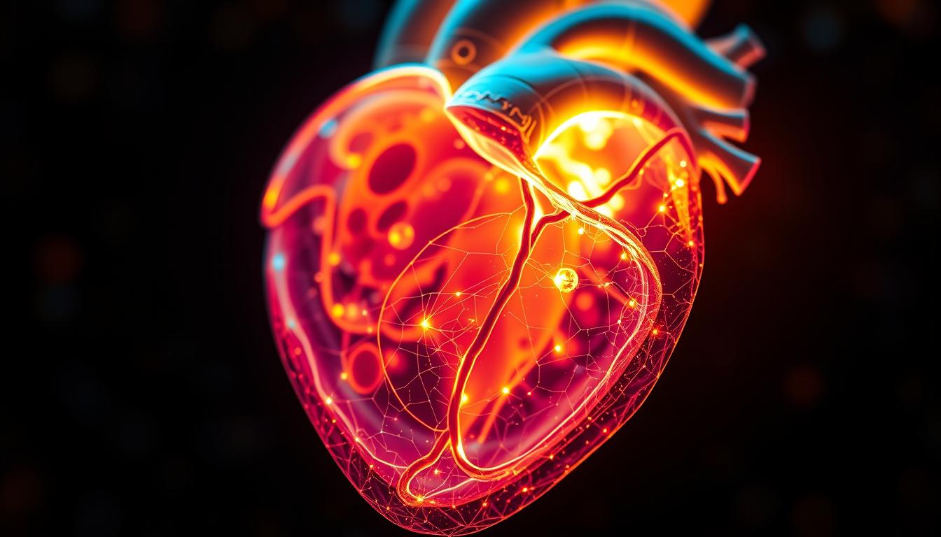 A cross-section of the human heart, its intricate chambers and valves illuminated from within, revealing a hidden network of advanced biomarkers. The image is bathed in a vibrant, otherworldly glow, casting an ethereal, almost holographic quality. Detailed structures pulsate with life, highlighting overlooked indicators of cardiac health that traditional clinics often fail to assess. The scene is captured through a high-resolution, macro lens, allowing the viewer to peer deeply into the heart's secrets, unearthing a new frontier of personalized medicine.