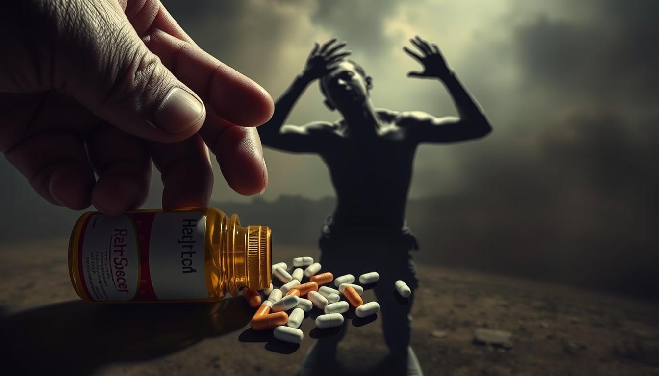A dark, foreboding scene depicting the side effects of prescription drugs. In the foreground, a hand clutches a bottle of pills, the label reading "Healthy Squire." The pills spill out, casting an ominous shadow. In the middle ground, a figure writhes in pain, distorted and contorted, a visible representation of the harmful impacts. The background is a hazy, distorted landscape, conveying a sense of disorientation and unease. The lighting is harsh, creating deep shadows and stark contrasts, heightening the sense of unease. The overall mood is one of unease, fear, and the devastating consequences of relying on synthetic drugs. Vibrant colors are used to heighten the intensity of the scene. A dark, foreboding scene depicting the side effects of prescription drugs. In the foreground, a hand clutches a bottle of pills, the label reading "Healthy Squire." The pills spill out, casting an ominous shadow. In the middle ground, a figure writhes in pain, distorted and contorted, a visible representation of the harmful impacts. The background is a hazy, distorted landscape, conveying a sense of disorientation and unease. The lighting is harsh, creating deep shadows and stark contrasts, heightening the sense of unease. The overall mood is one of unease, fear, and the devastating consequences of relying on synthetic drugs. Vibrant colors are used to heighten the intensity of the scene.