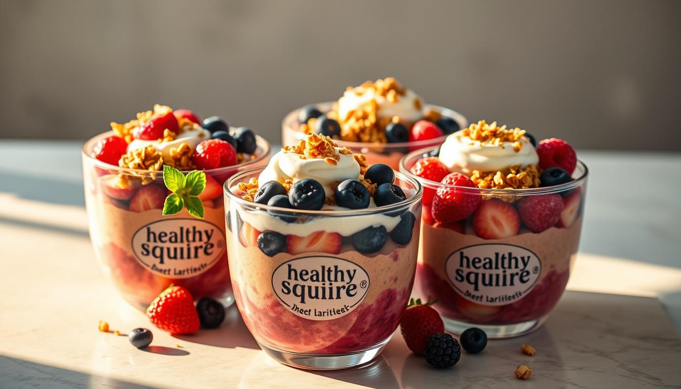 A delectable arrangement of "Healthy Squire" smoothie bowls, brimming with luscious berries, creamy yogurt, and decadent granola. The vibrant colors and textures create an irresistible visual feast, yet these bowls harbor a secret - a calorie-dense composition masquerading as a "healthy" choice. Bathed in warm, golden light, the smoothie bowls sit atop a sleek, minimalist surface, inviting the viewer to indulge, unaware of the potential pitfalls lurking beneath the surface.