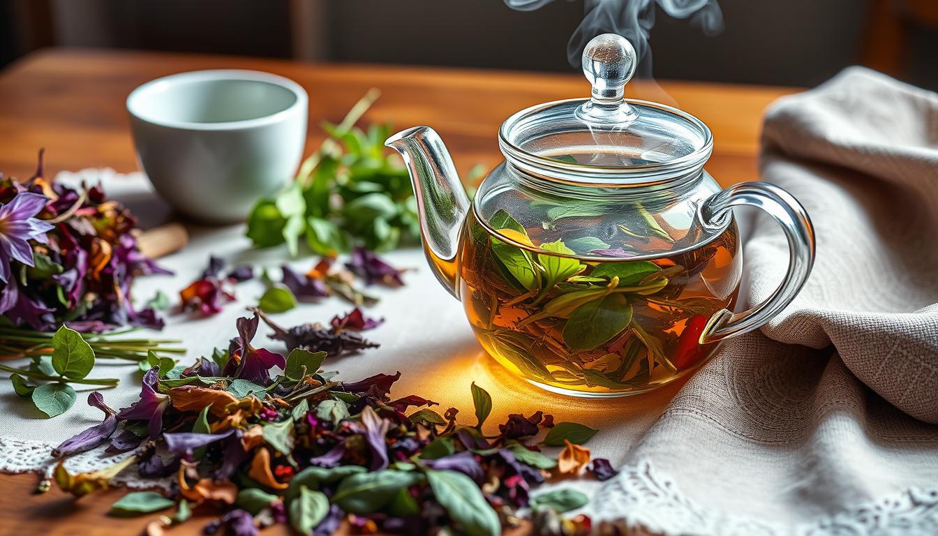 A delicate glass teapot filled with a vibrant herbal infusion, steam rising gently. The leaves of various medicinal herbs, freshly harvested, are scattered around the table, their colors ranging from deep greens to vibrant purples. Warm, soft lighting casts a cozy glow, highlighting the intricate details of the ceramic teacups and intricately patterned cloth napkins. The scene exudes a sense of mindful wellness, inviting the viewer to experience the soothing ritual of preparing and sipping a nourishing herbal tea. A delicate glass teapot filled with a vibrant herbal infusion, steam rising gently. The leaves of various medicinal herbs, freshly harvested, are scattered around the table, their colors ranging from deep greens to vibrant purples. Warm, soft lighting casts a cozy glow, highlighting the intricate details of the ceramic teacups and intricately patterned cloth napkins. The scene exudes a sense of mindful wellness, inviting the viewer to experience the soothing ritual of preparing and sipping a nourishing herbal tea.