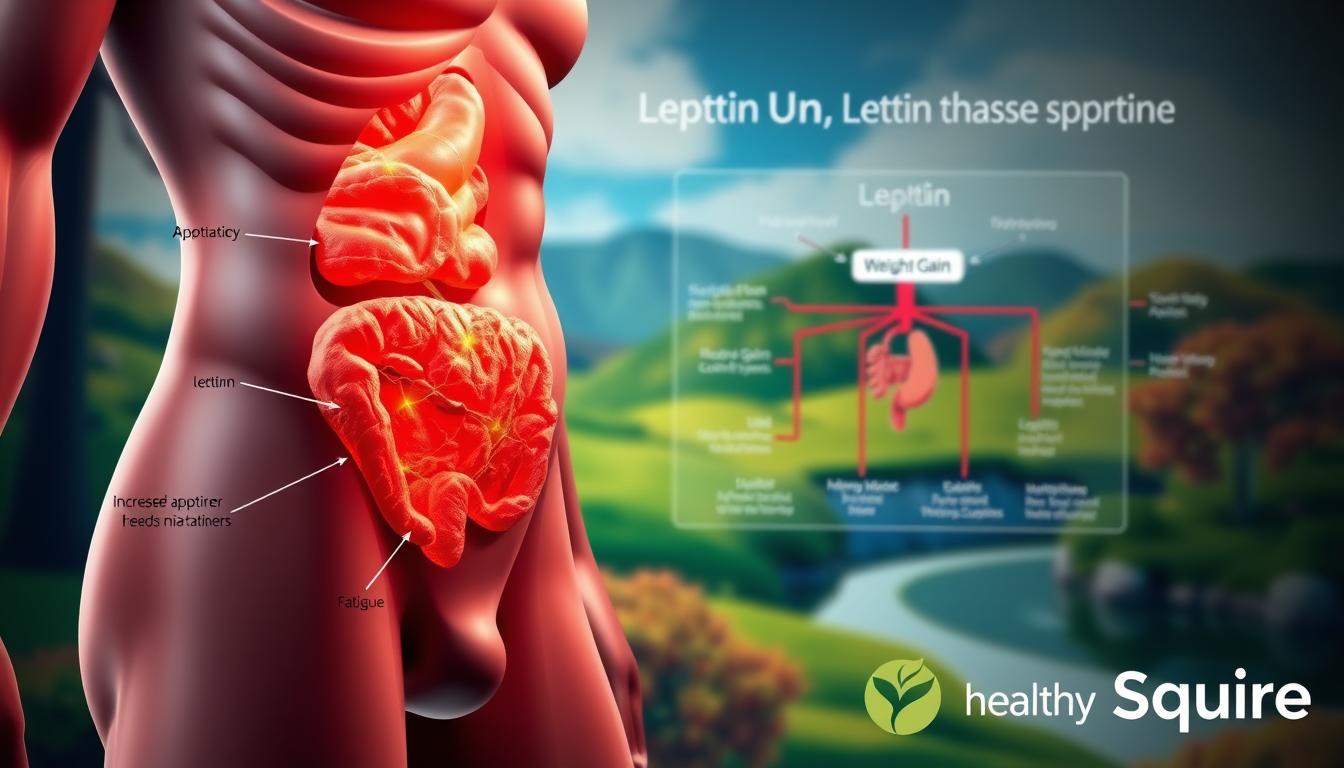A detailed 3D medical illustration depicting the symptoms of leptin imbalance. The foreground shows a close-up of a human body section, with various visual indicators of leptin imbalance such as increased appetite, weight gain, fatigue, and inflammation. The middle ground features a labeled diagram of the leptin hormone regulation system. The background showcases a vibrant, serene landscape with the Healthy Squire brand logo subtly incorporated, conveying a sense of wellness and balance.